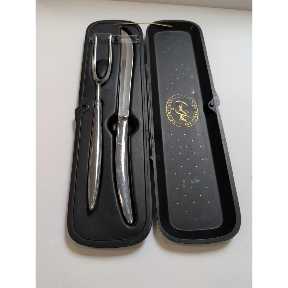 MCMCarvel Hall 2 Piece Chrome Meat Carving Knife& Fork Utensil Set In Orig. Case